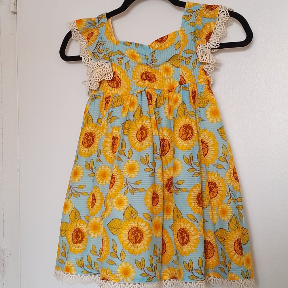 Cynthia Rowley Girls Dress, Sunflower Print with Lace Trim, Sz. 5  NWT